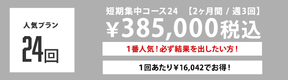 人気プラン 24回 短期集中コース24  【2ヶ月間 / 週3回】 ￥385,000税込 １番人気！必ず結果を出したい方！ １回あたり￥16,042でお得！